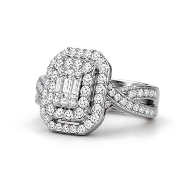 Previously Owned Crystal Engagement Ring Round/Baguette Titanium steel